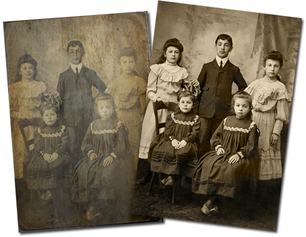 A faded family portrait beside its restored version