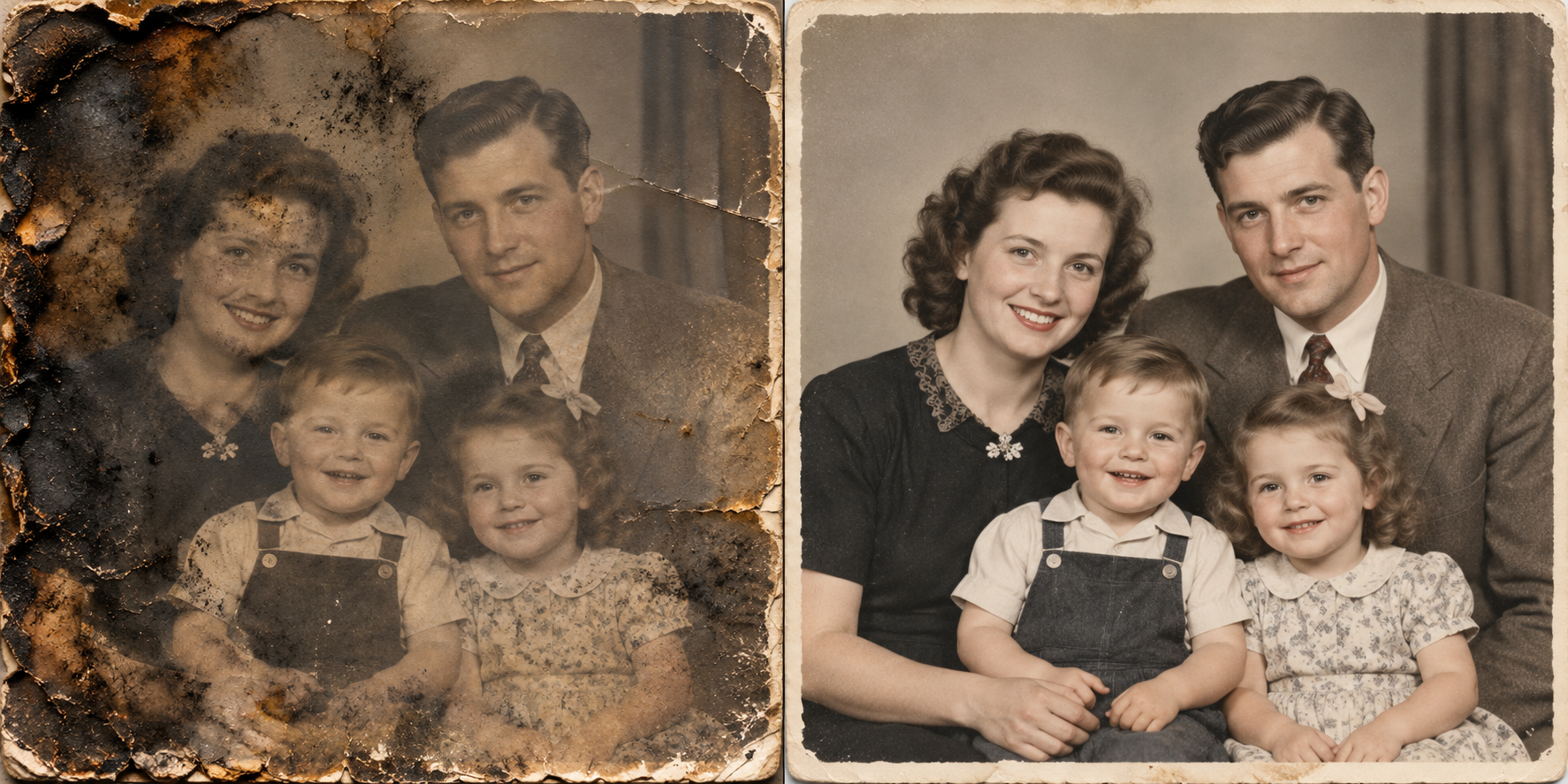 Before-and-after restoration of a smoke- and fire-damaged family portrait