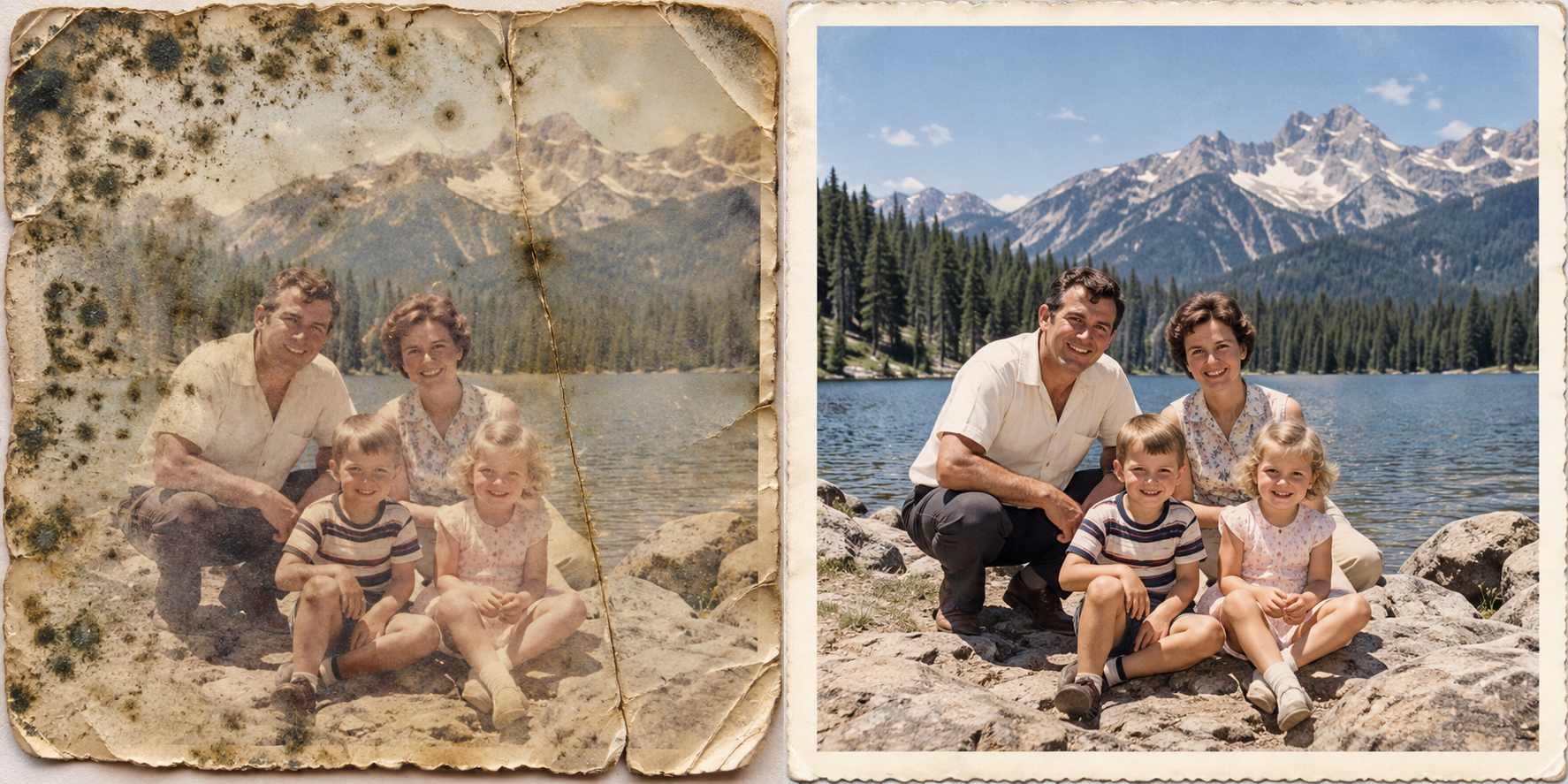 Before-and-after restoration of a flood-damaged family snapshot