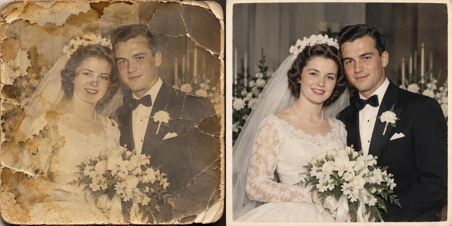 Before-and-after restoration of a water-damaged wedding portrait