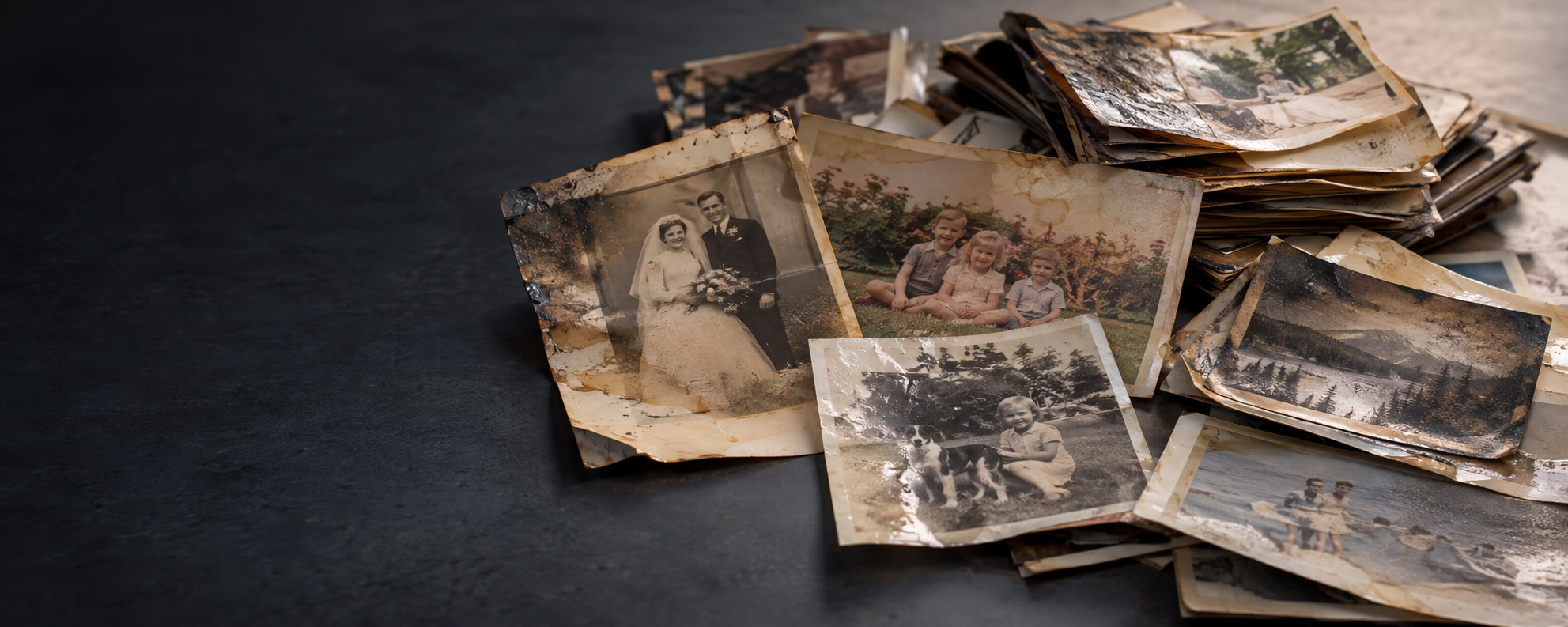 A batch of family photographs with smoke, fire, and water damage