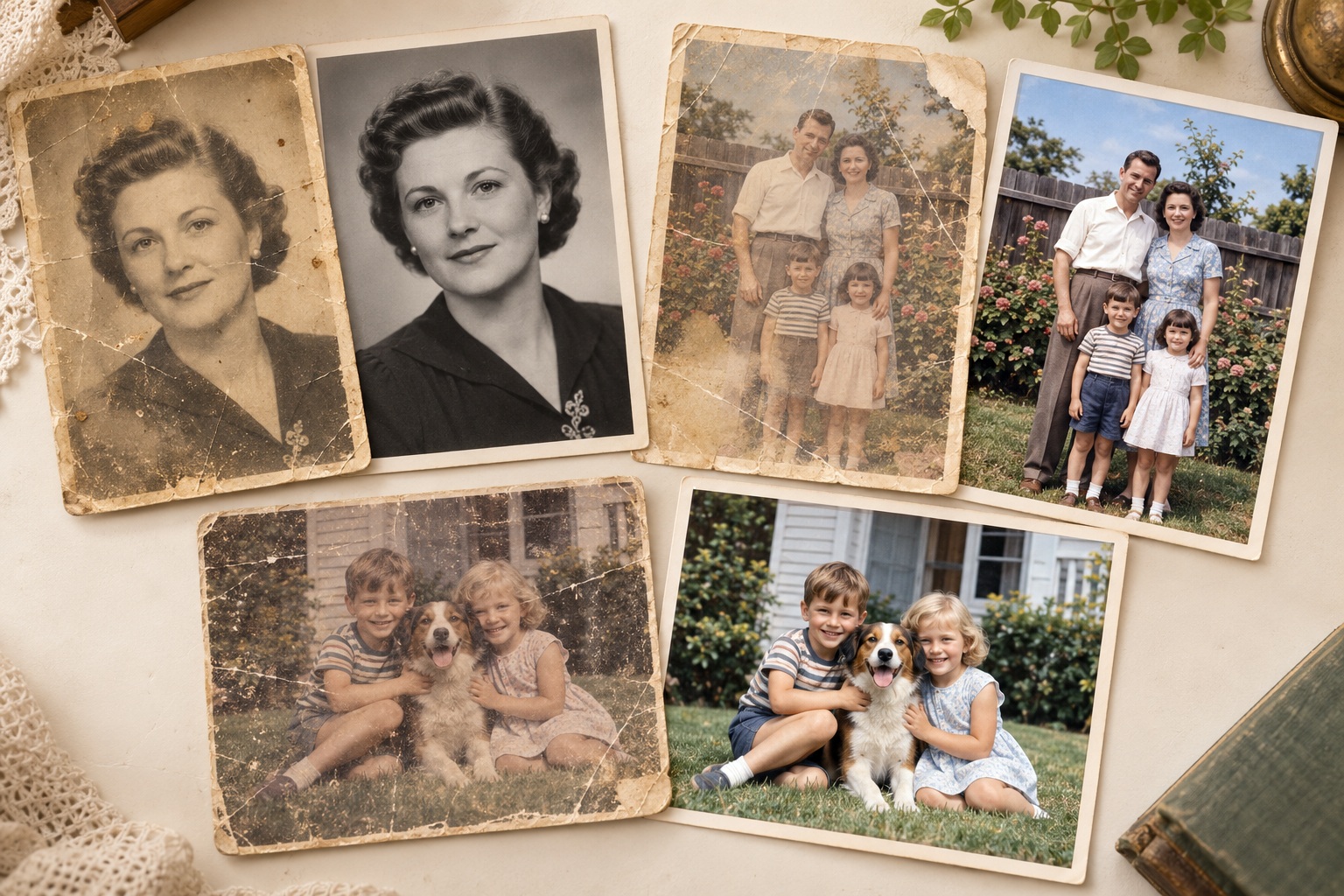Three illustrative before-and-after pairs: a vintage portrait, a family in a garden, and children with their dog, showing aged photographs beside their restored versions